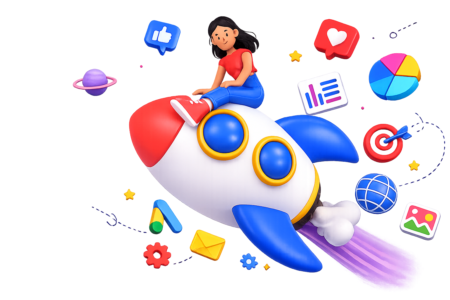 Girl riding a rocket surrounded by digital tools